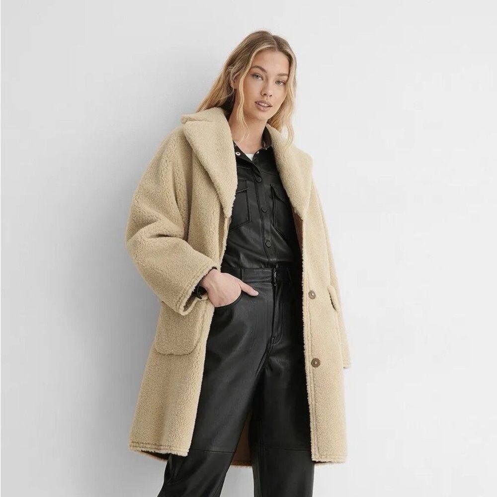 Mango Shearling look boho retro‎ statement vintage classic coat NWT XL